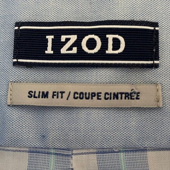Izod Slim Fit LS Button Down Cotton Poly Plaid Dress Shirt Blue & Wht Sz 17.5 - Picture 9 of 13